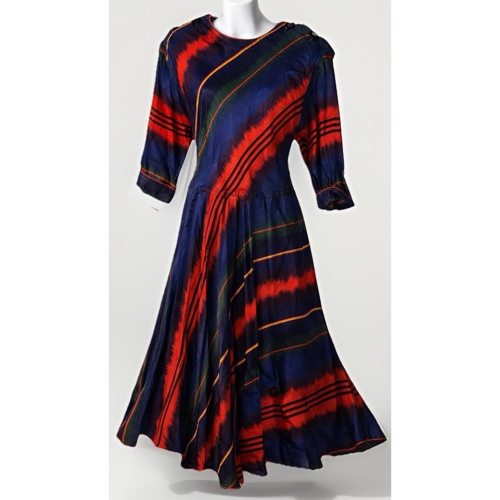 Vintage 70s Abstract Rayon Midi Dress Shoulder Buttons Pads Boho Ikat Vtg Sz 12